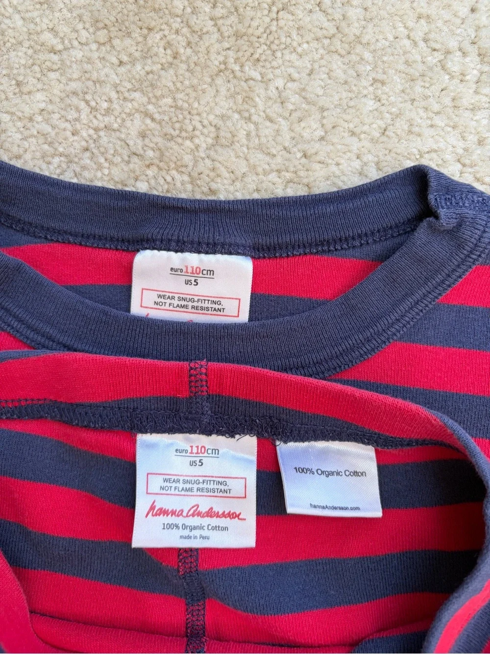 Hanna Andersson Size 110, 5, Red and Navy Striped Long John Two Piece Pajamas